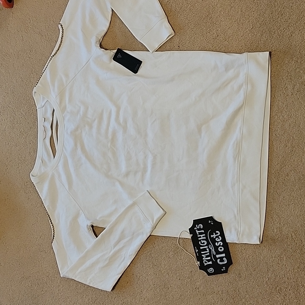 Guess Long Sleeve Sweatshirt Cold Shoulder Large White New Gold Metallic